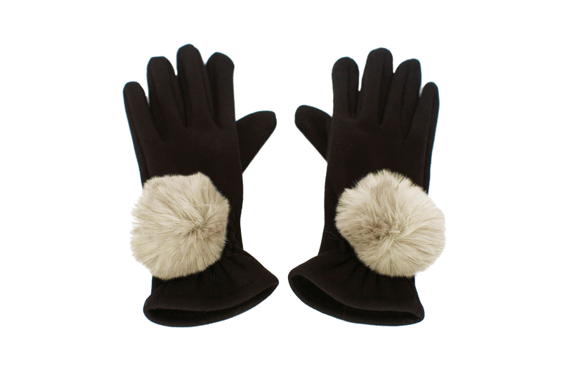 Gants extensibles avec pompon en fausse fourrure - Taille unique