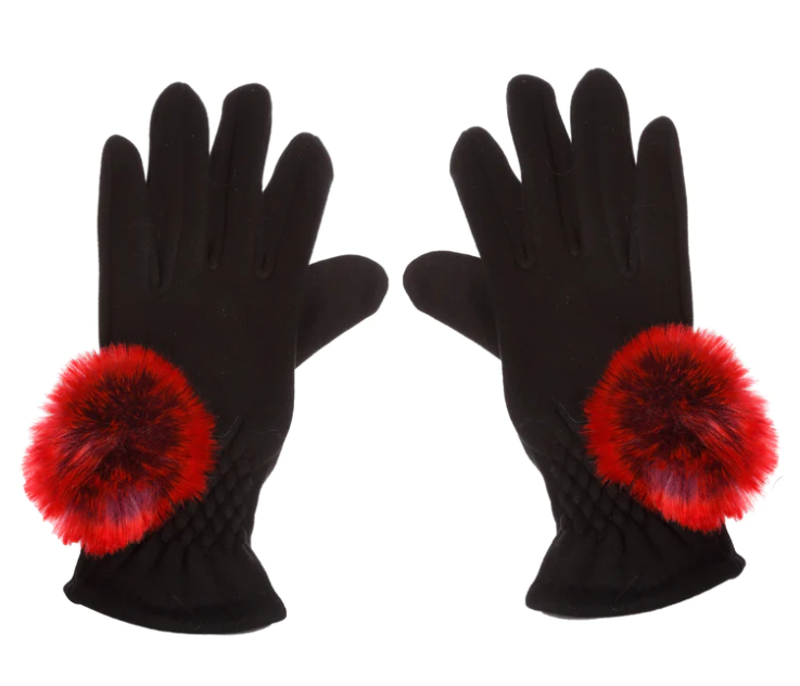 Gants extensibles avec pompon en fausse fourrure - Taille unique